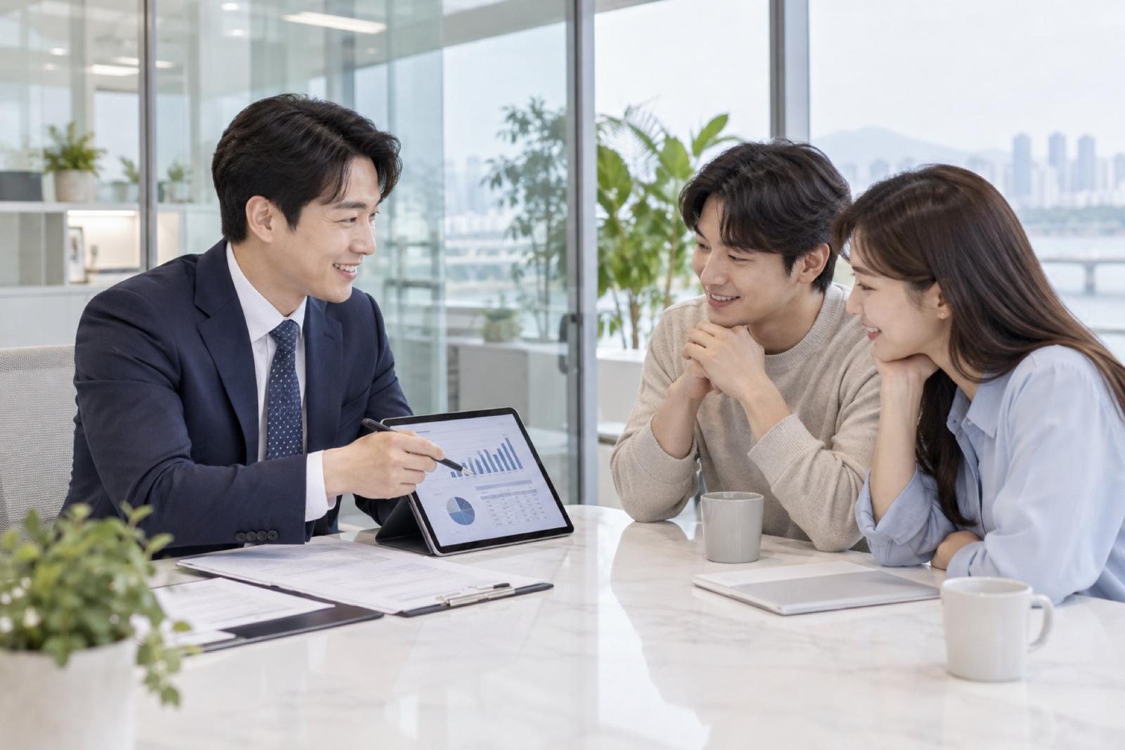 바른숲 세무회계 상담실에서 세무사가 고객과 서류를 보며 상담하는 모습
